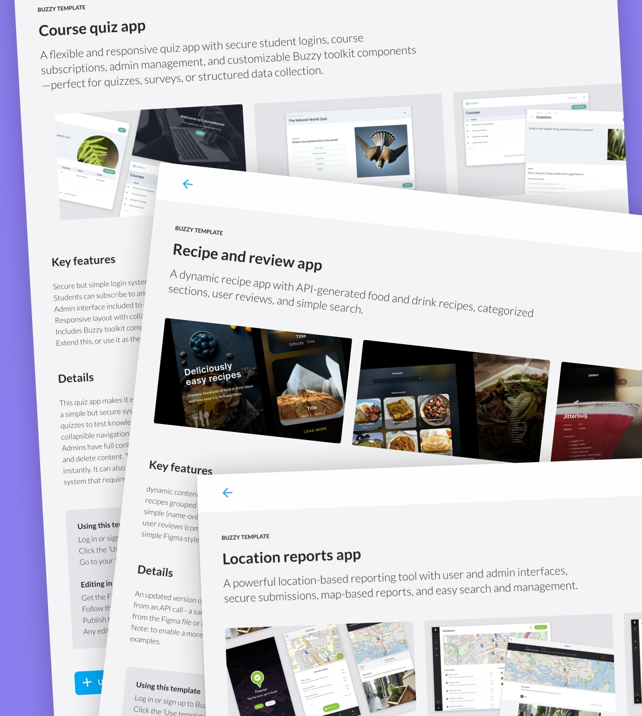 A selection of Buzzy Templates app template screens